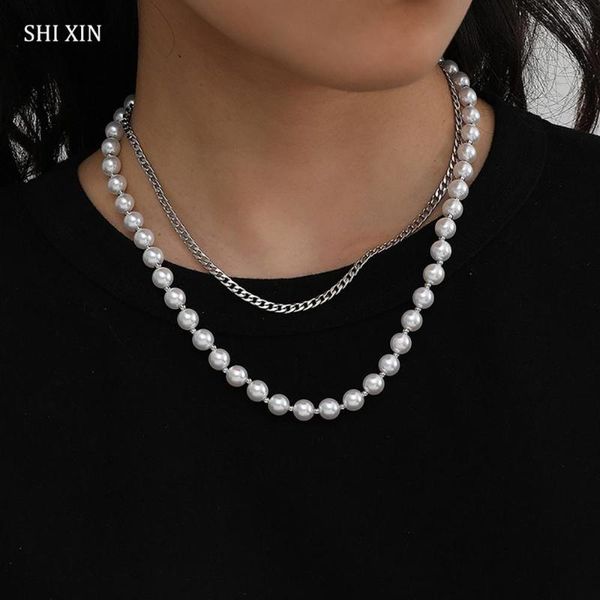 

shixin 2 pcs separable multi layered chain pearl choker necklace colar for women fashion stainless steel necklaces chain on neck, Golden;silver