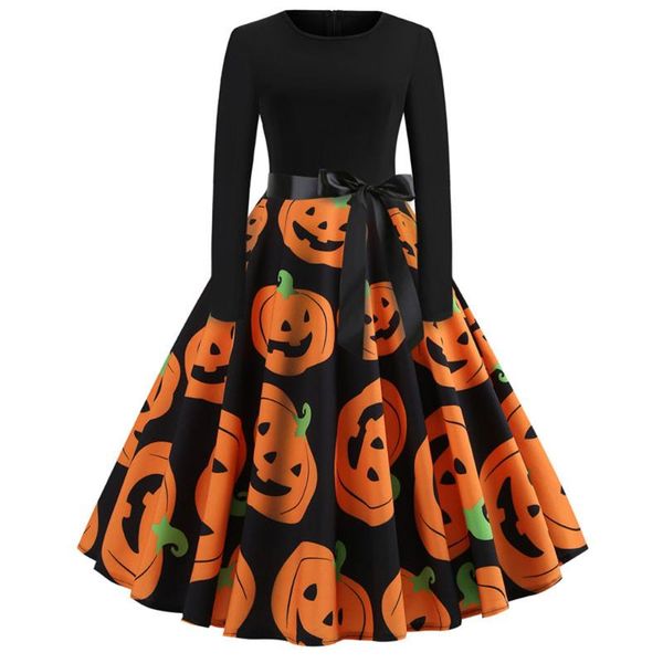 

casual dresses halloween vintage dress women pumpkin print patchwork midi autumn winter long sleeve elegant evening party f819, Black;gray