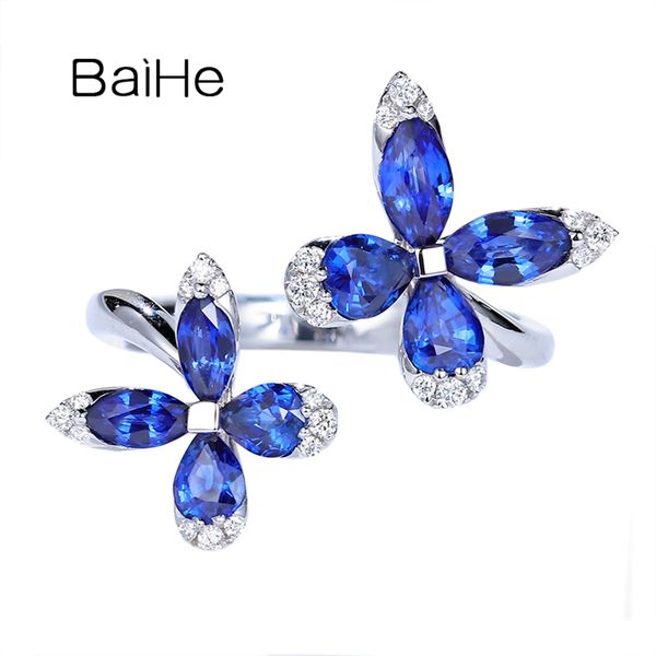 

baihe solid 14k white gold 1.5ct natural sapphire ring for women 0.11ct natural diamonds engagement wedding band butterfly ring, Golden;silver