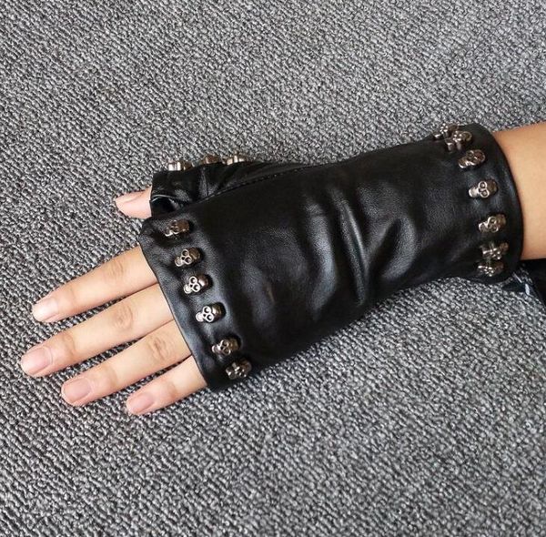 

five fingers gloves women' fashion natural sheepskin leather fingerless glove lady' skull rivet punk style motorcycle r575, Blue;gray