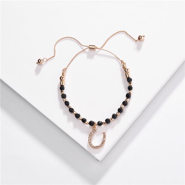 

huidang natural stone beaded bracelet horseshoe shaped crystal charm bracelets adjustable for women, Golden;silver