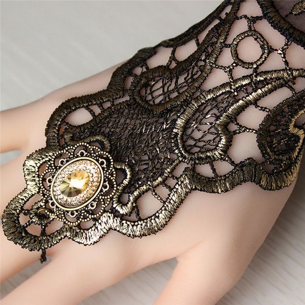 

five fingers gloves women sunscreen steampunk style lace fingerless long hollow-out chain summer skid resistant goth party costumes, Blue;gray