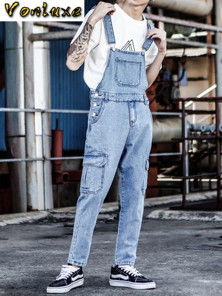 

cargo jeans jumpsuit men 2020 new summer overalls mens denim jumpsuits rompers slim fit pockets design pants set male clothes, Blue