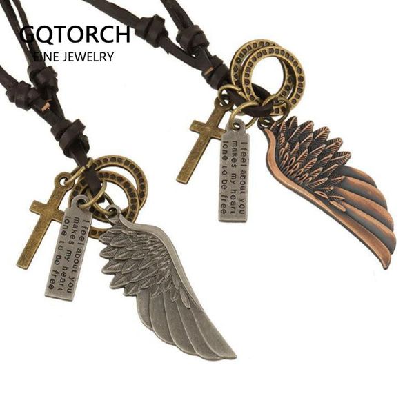 

pendant necklaces genuine male leather necklace vintage angel men friends jewelery punk collier colar masculino, Silver