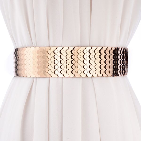 

fashion wide belt elastic band personality punk patchwork metal scales belts for women match dress waistband female belt, Black;brown
