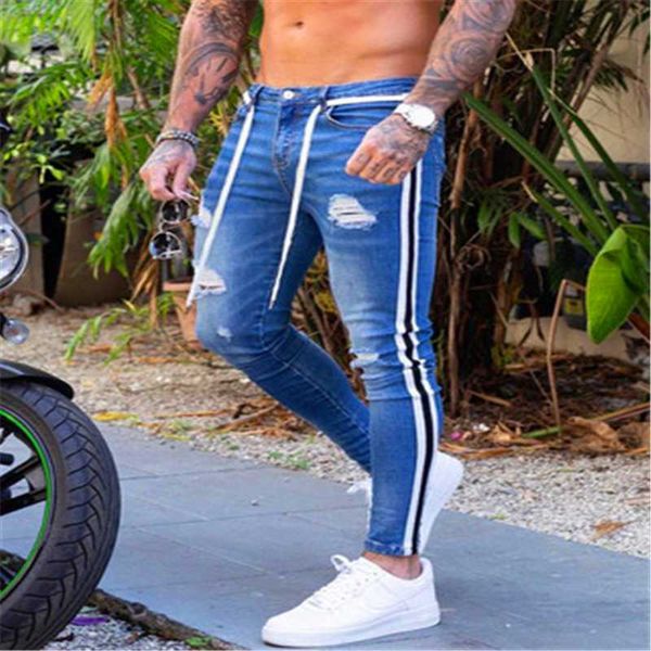 

2020 men skinny jeans biker destroyed frayed slim fit denim ripped denim pants side stripe pencil pants hip hop streetwear, Blue