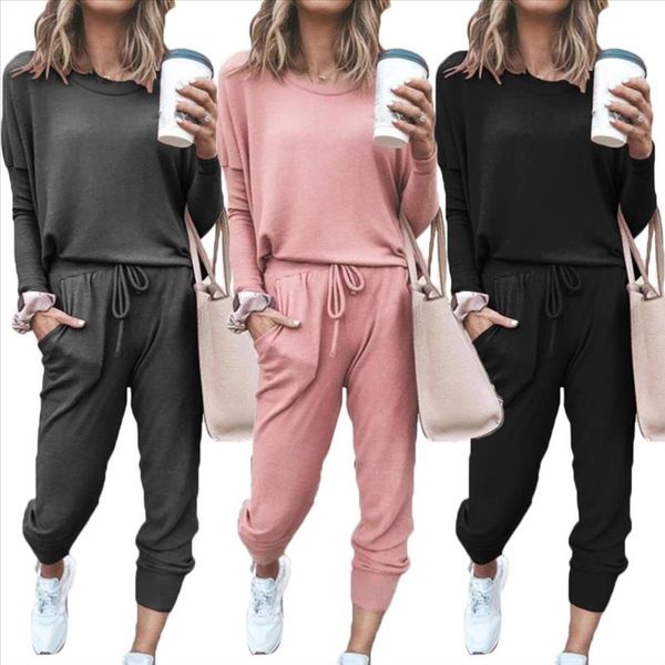 

outdoor sports casual comfortable women solid color long sleeve o neck blouse drawstring pants sport tracksuit set gifts, Gray