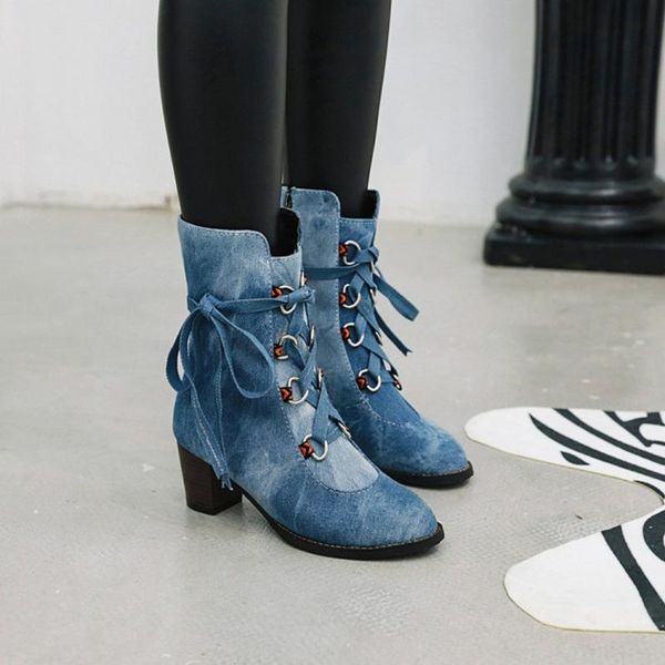 

2020 fashion boots autumn winter women boot denim women pointed toe cowboy style high heel laceup shoes calf high boots, Black