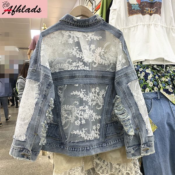 

mesh perspective embroidery hole denim jacket 2020 female summer lace patchwork thin casual fashion vintage jacket outerwear, Black;brown