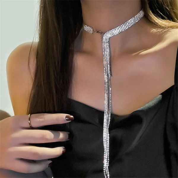 

shine full rhinestones choker necklaces for women long tassel crystal necklaces statement jewelry gifts 2020 wedding gifts, Golden;silver