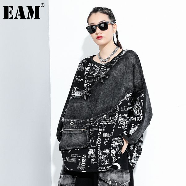 

eam] сыпучие fit black denim printed толстовка новый шею длинным рукавом женщины большой размер мода tide весна осень 2020 1da127
