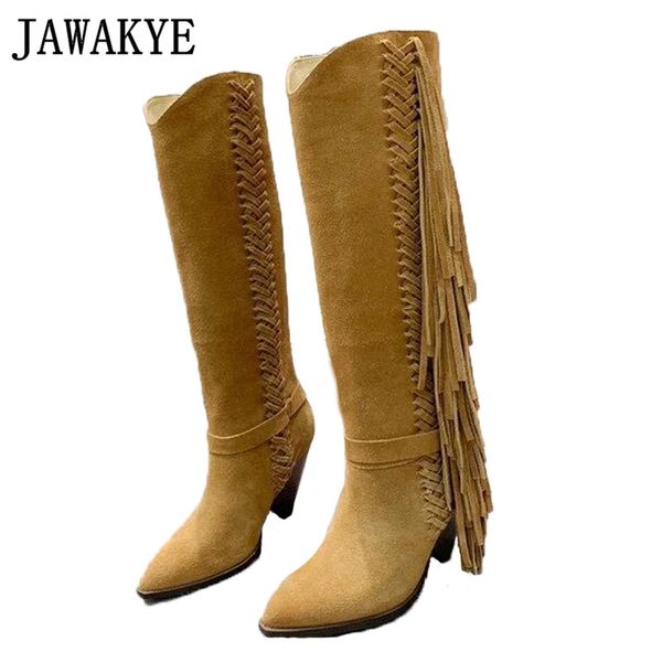 

jawakye deisnger tassel boots european designer knee high long boots spike heel pointed toe winter shoes women, Black