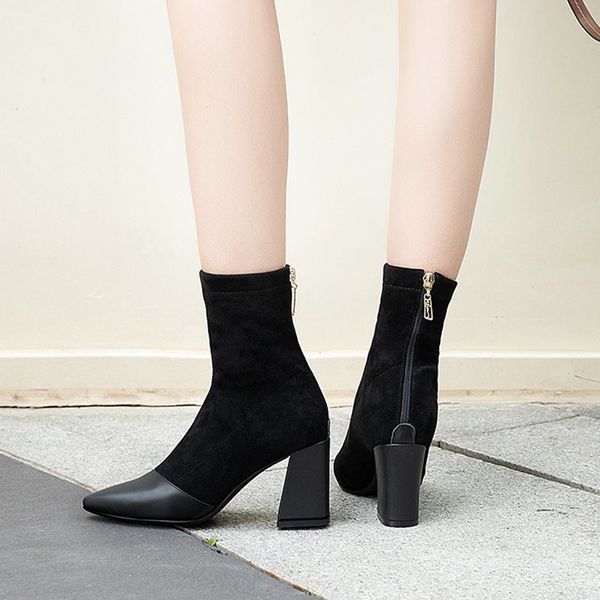 

ucyever black flock patchwork high heels ankle boots for women fashion pointed toe short botas mujer autumn winter shoes woman