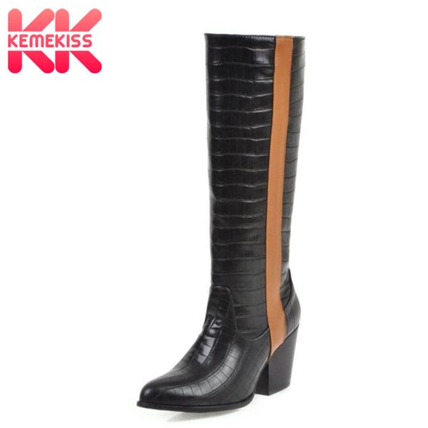 

kemekiss women knee high boots fashion thick heel women shoes patchwork pointed toe female ridding boots daily botas size 34-43, Black