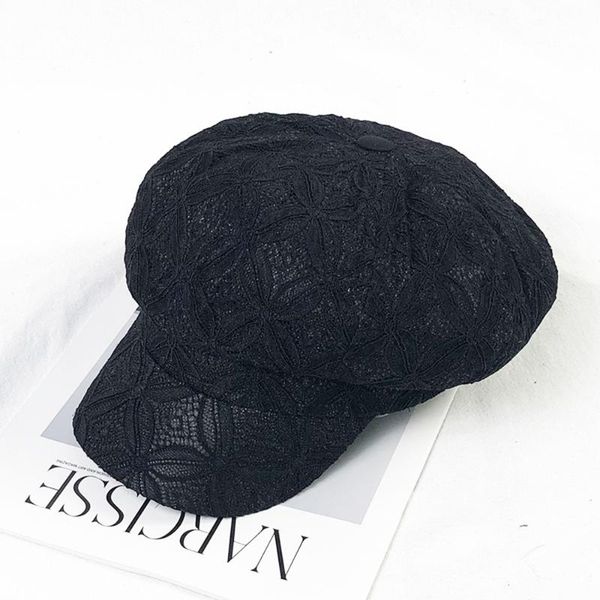 

temperament lace beret female summer elegant thin section breathable japanese retro octagonal hat newsboy hat, Blue;gray