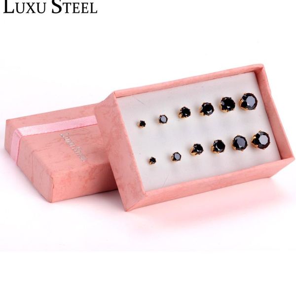 

stud luxusteel black earrings pendientes brincos female 6pairs box round cubic zirconia earring fashion jewelry party wedding, Golden;silver