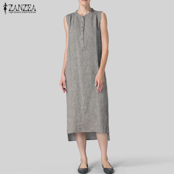 

zanzea 2020 elegant shirt dress women's summer sundress sleeveless tank vestido female asymmetrical midi dress casual robe femme, Black;gray