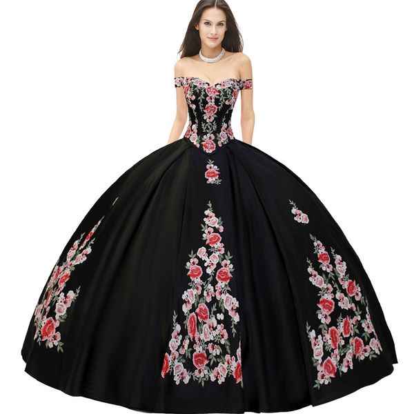 Hübsches, schulterfreies, 2-teiliges, abnehmbares schwarzes Charro-Quinceanera-Kleid mit Rosenblütenapplikationen, Kristallen, baskischer Taille und Sweet-16-Ballkleid