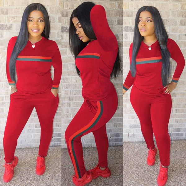 

Women Two Pieces Set Fashion Women Tracksuits with Red Green Strip Print Comfortable Suits for Autumn Winter 6 Colors Size S-3XL