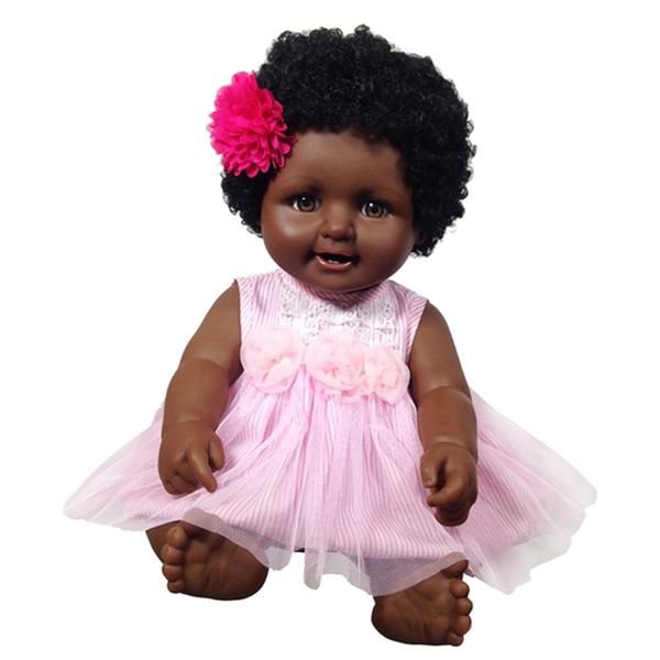 

vinyl baby girl doll - reborn 20inch african american doll - black curly hair with flower headwear