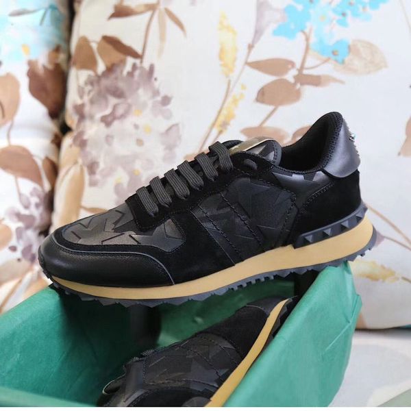 

new arrival rockrunner camouflage sneakers mens studded leather rock runner shoes women flats trainers fashion mesh leather shoes eu 35-45, Black