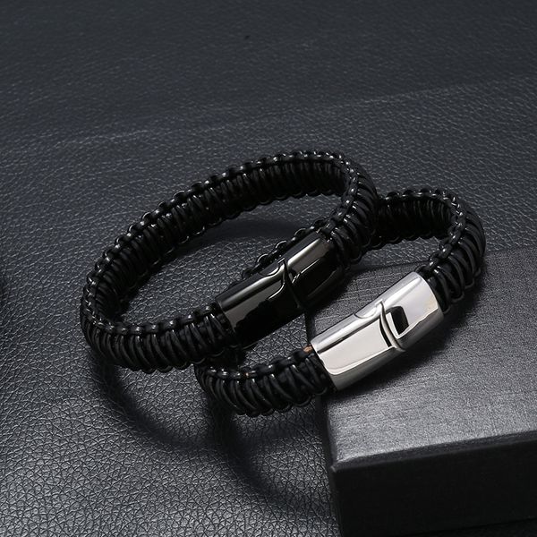 

charm bracelets black genuine leather braided cord chain punk men bracelet stainless steel magnetic buckle jewelry accessories, Golden;silver