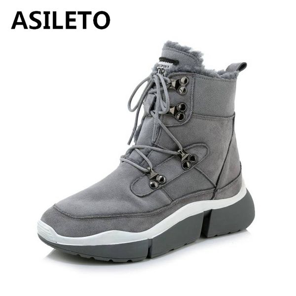 

asileto women's ankle boots genuine leather fur wool snow winter warm boots platform bukle elastic band round toe size 35-39, Black