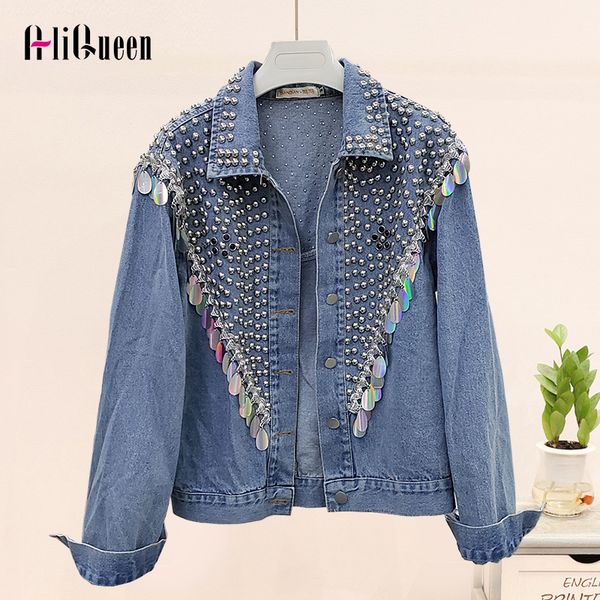 

chaquetas mujer 2020 spring streetwear denim jacket women hand-studded rivet sequins short jeans jacket loose black coats, Black;brown
