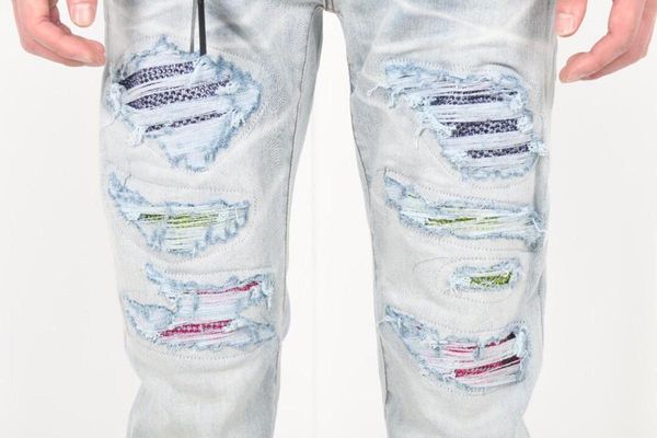 

men rhinstone patches button slim fit distressed lt blue jeans