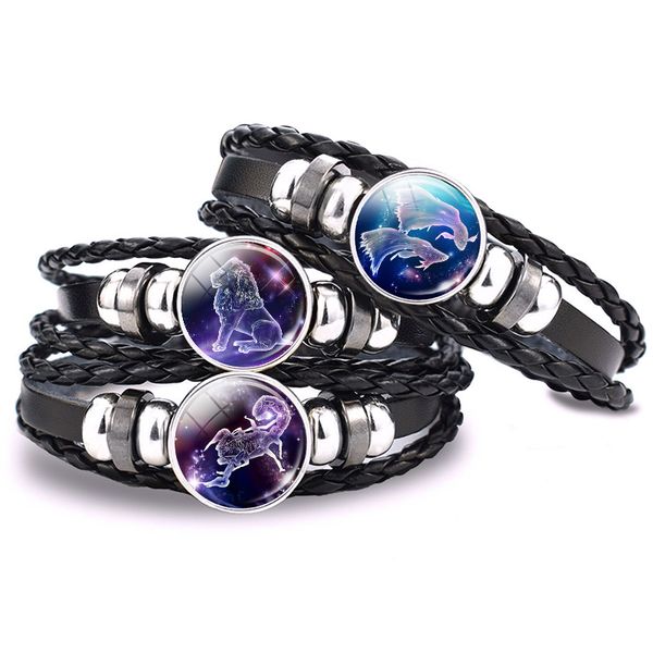 

12 constellations bracelet black leather woven bracelets glass jewelry zodiac sign fashion punk men bracelet box packaging, Golden;silver