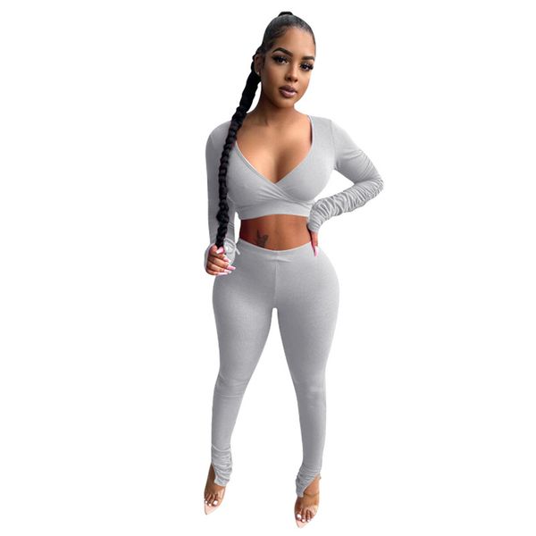 

women tracksuits fashion natural color suit deep v-neckl long sleeve crop split stacked pants women clothes, Gray