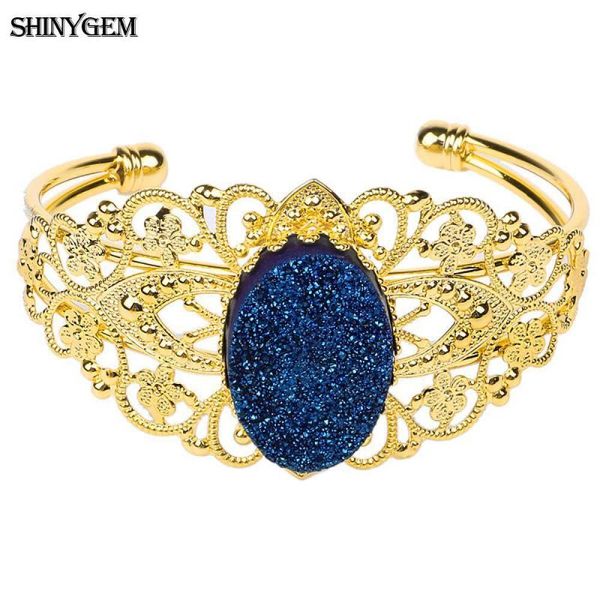 

shinygem hollow flower crown druzy bangles bracelets gold plating open cuff bangles fashion big bridal wedding for women, Black