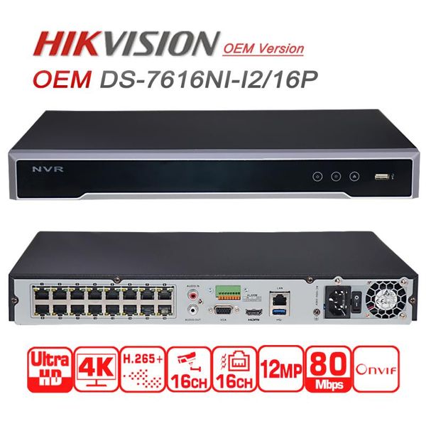 

kits hikvision ds-7616ni-i2/16p oem nvr english version 16ch poe for camera 12mp max 2 sata network video recorder, Black;white