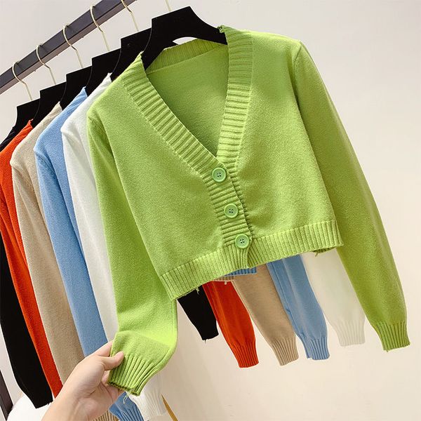 

women knitted crop cardigan women korean short sweater long sleeve v neck green blue lantern sleeve cardigan, White