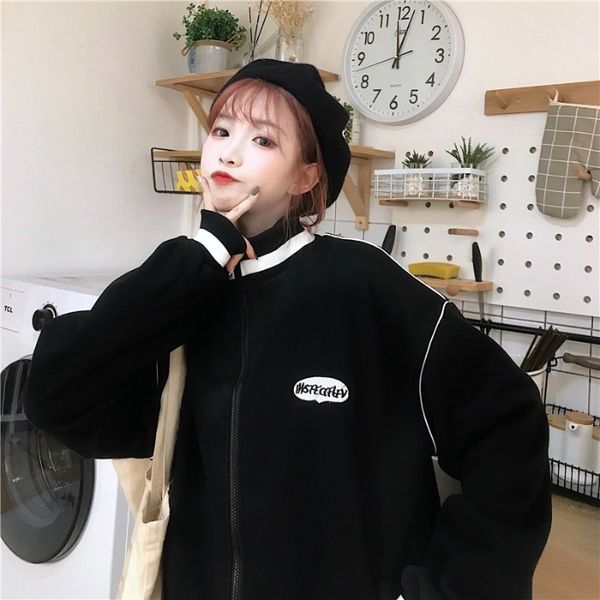 

2020 autumn and winter new korean style coat sweater zipper fashion loose slimming harajuku style long sleeve sweater zipper coat niche ins, Black