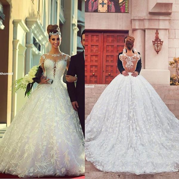 

2020 long sleeve a-line wedding dresses lace applique sheer neck hollow back long sleeve chapel train bridal gowns custom made aq148, White