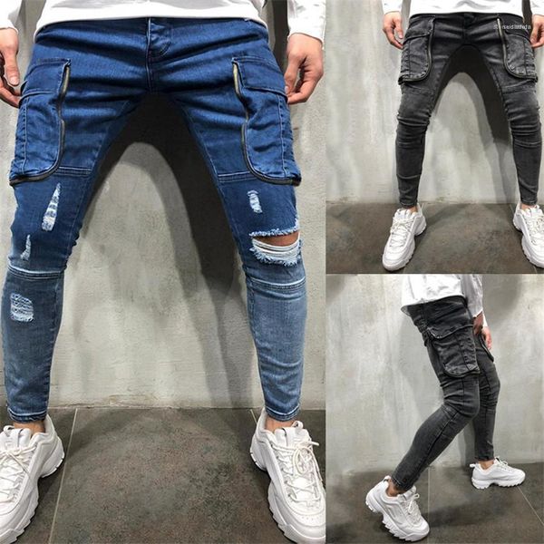 

jeans with pockets stacked designer mens jeans harajuku holes washed mid waist slim jeans for man casual homme, Blue