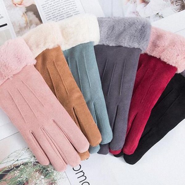 

faux fur cuff mitten outdoor riding skiing ladies gloves women winter warm gloves faux suede thicken screen sense fashion, Blue;gray
