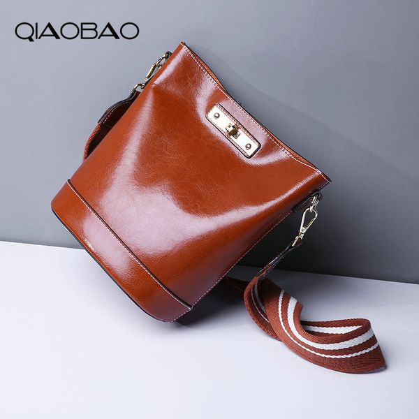 

qiaobao 2 straps real leather bags for women 2020 bucket handbags fashion shoulder tote crossbody bags for female bolsa feminin