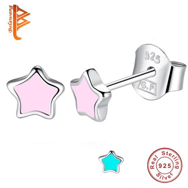 

stud 2021 pink/blue enamel small earring authentic 925 sterling silver star earrings for children girl lovely jewelry gift, Golden;silver