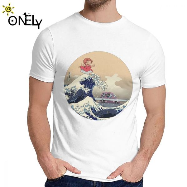 

casual japanese wave ponyo on the cliff by the sea homme tee shirt for man cool man pure cotton clothes classic round neck