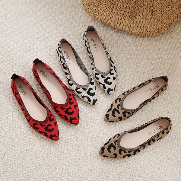 

shoes women's 2020 spring new style korean-style versatile low-cut knitted mesh red leopord pattern flat moccosins, Black