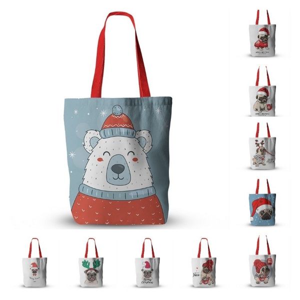 Novo Presente de Natal Sacos Bonito Pug Impressão Dobrável Sacos De Compras Leve Bolsa De Armazenamento Ao Ar Livre Xams Canva Saco T2I51473