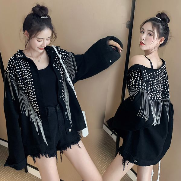 

denim coat female 2020 spring and autumn new tassel heavy craft diamond rivet long sleeve loose clothing women's denim jacket, Black;brown