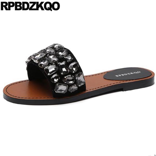 

plus size crystal diamond large suede ladies slipper big sandals 5 rhinestone 2020 shoes women summer designer wedding slides, Black