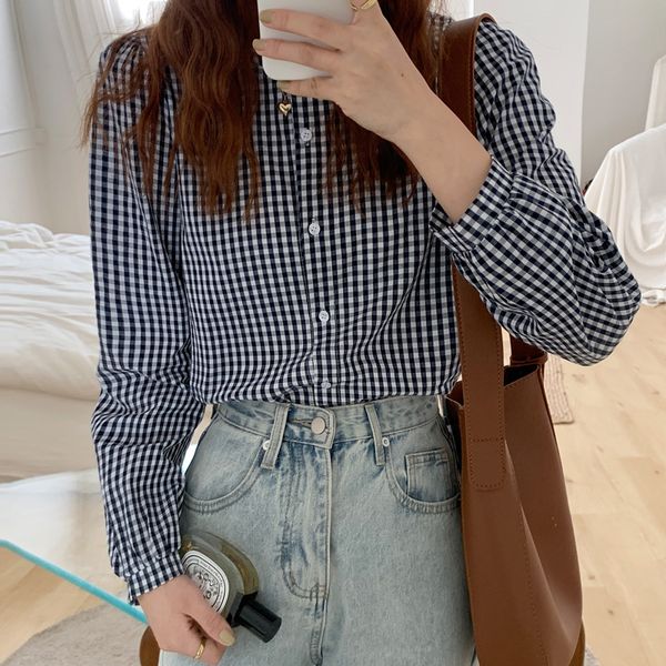

vintage plaid blouse women korean o neck long puff sleeve button shirts women spring autumn blouses casual blusas mujer, White
