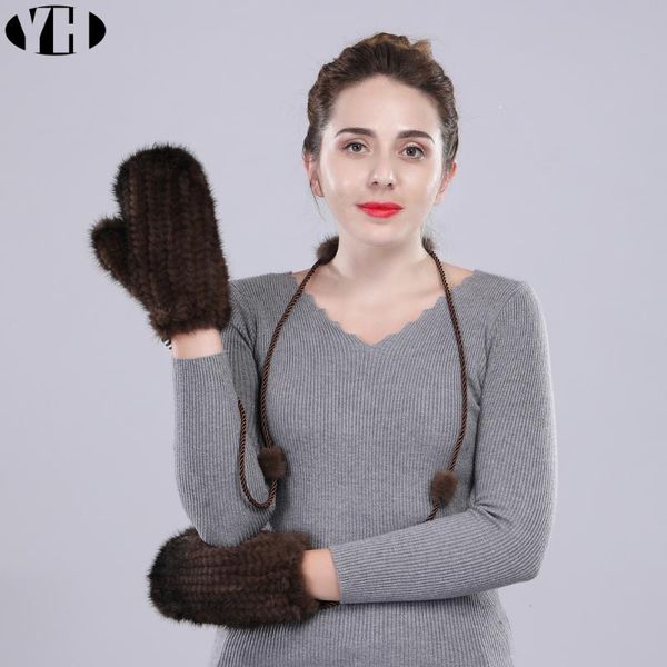 

2020 new arrive women real gloves knitted handmade natural mittens russian black coffee wine winter autumn fur, Blue;gray