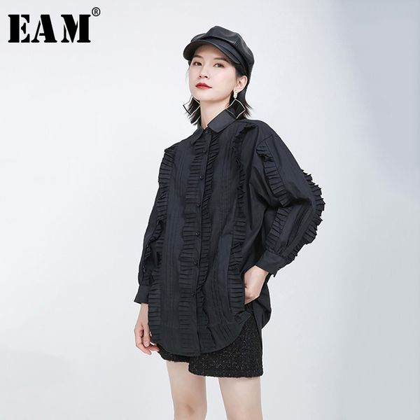 

eam] women black pleated ruffles split joint big size blouse new lapel long sleeve loose shirt fashion spring summer 2020 1y599, White