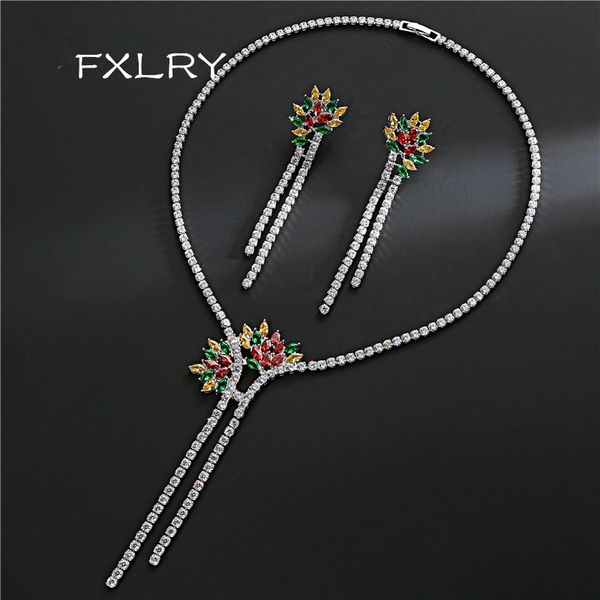 

fxlry luxury fashion cubic zirconia flower tassel choker necklace earring for women bridal jewelry set, Silver