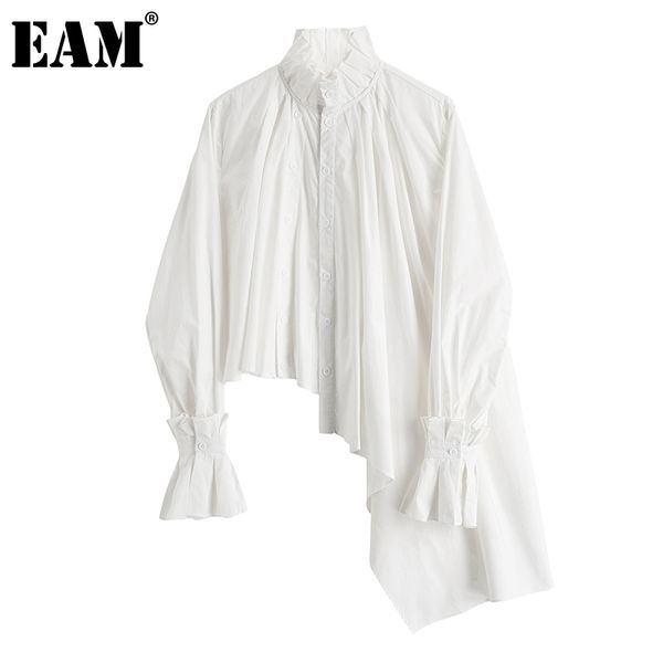 

women's blouses & shirts [eam]women white irregular pleated vintage blouse stand collar long sleeve loose fit shirt fashion spring autu